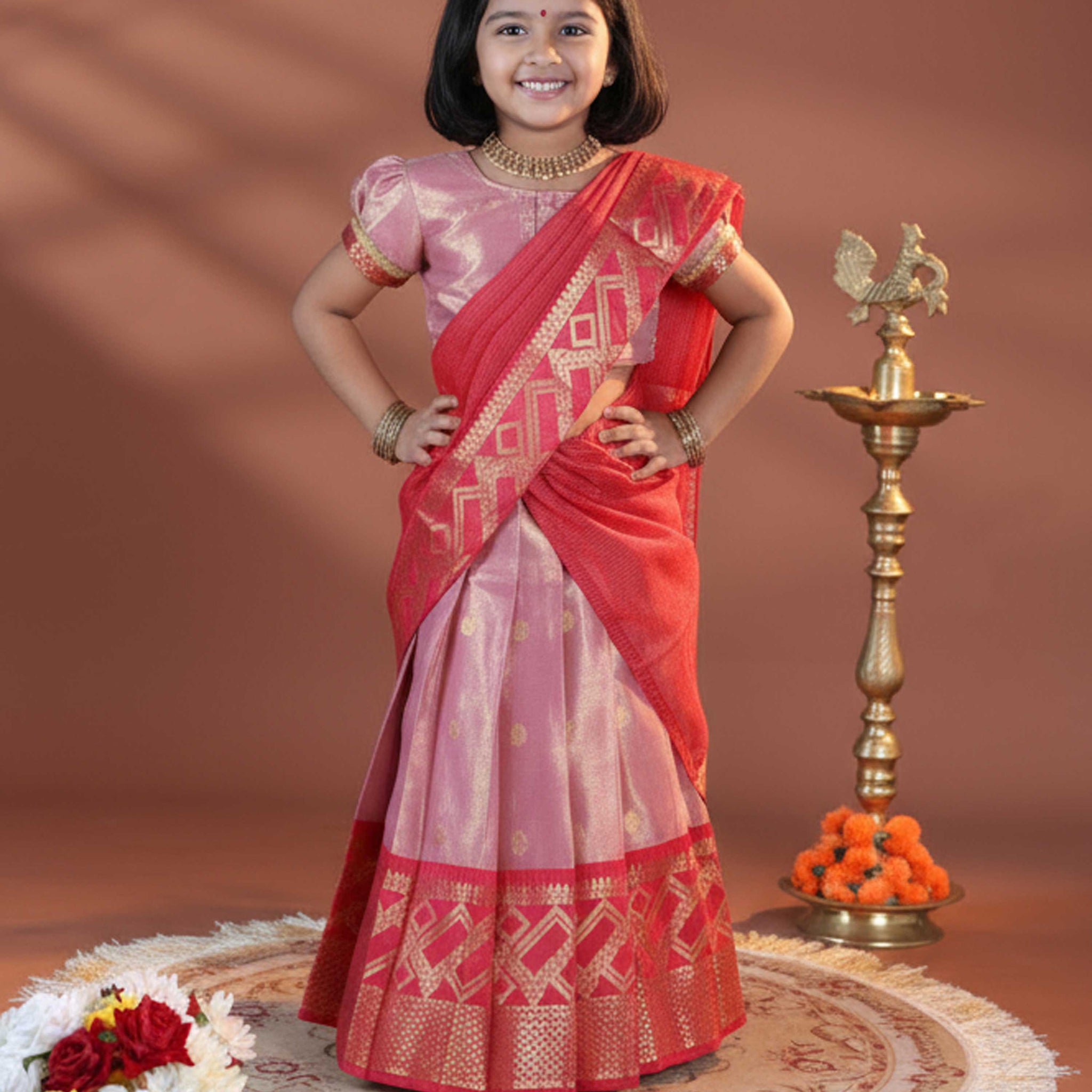 Girls' Traditional Ethnic Dhavani Set with Zari Brocade - Pink
