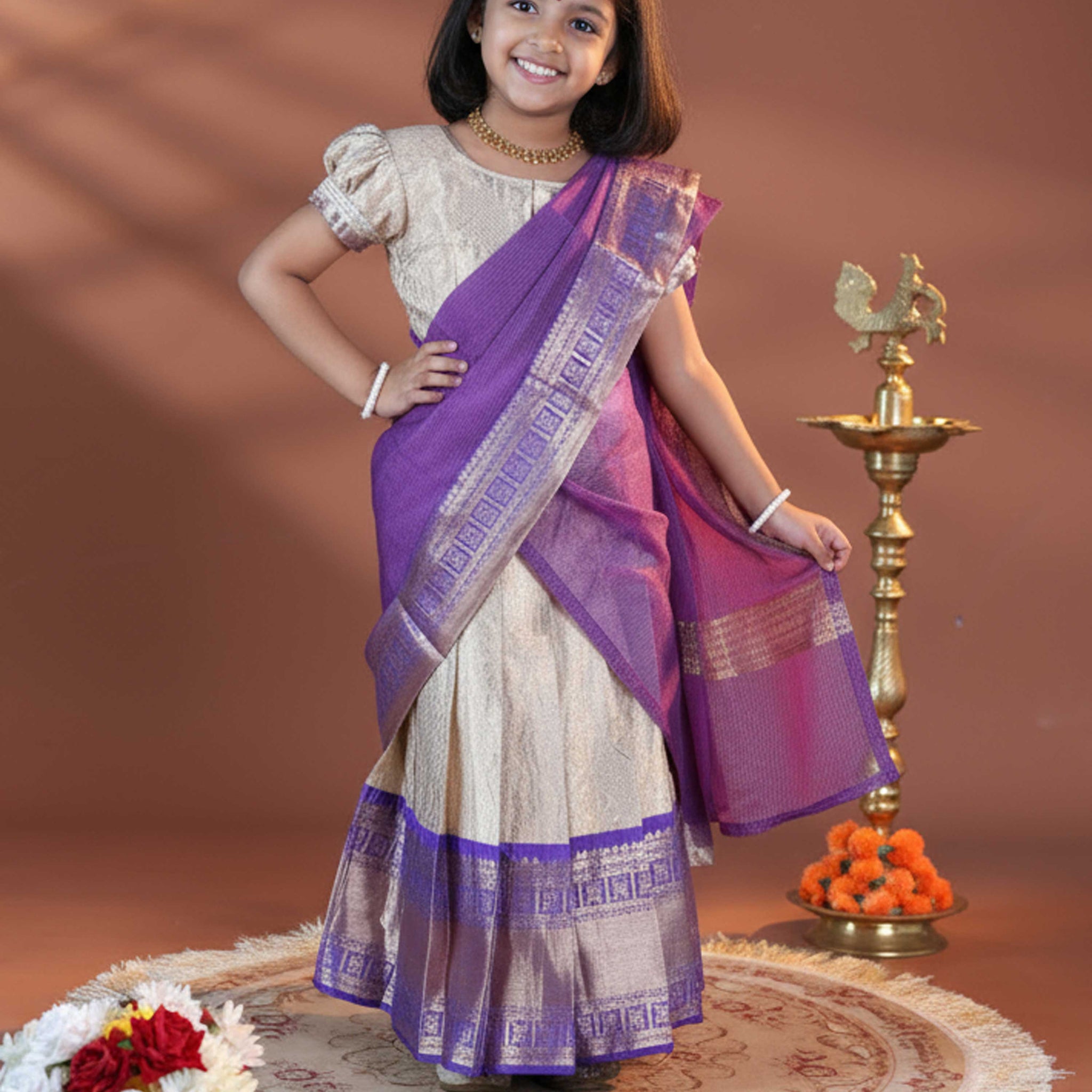 Girls' Traditional Pattu Pavadai Dhavani Set with Zari Border - Gold & Purple