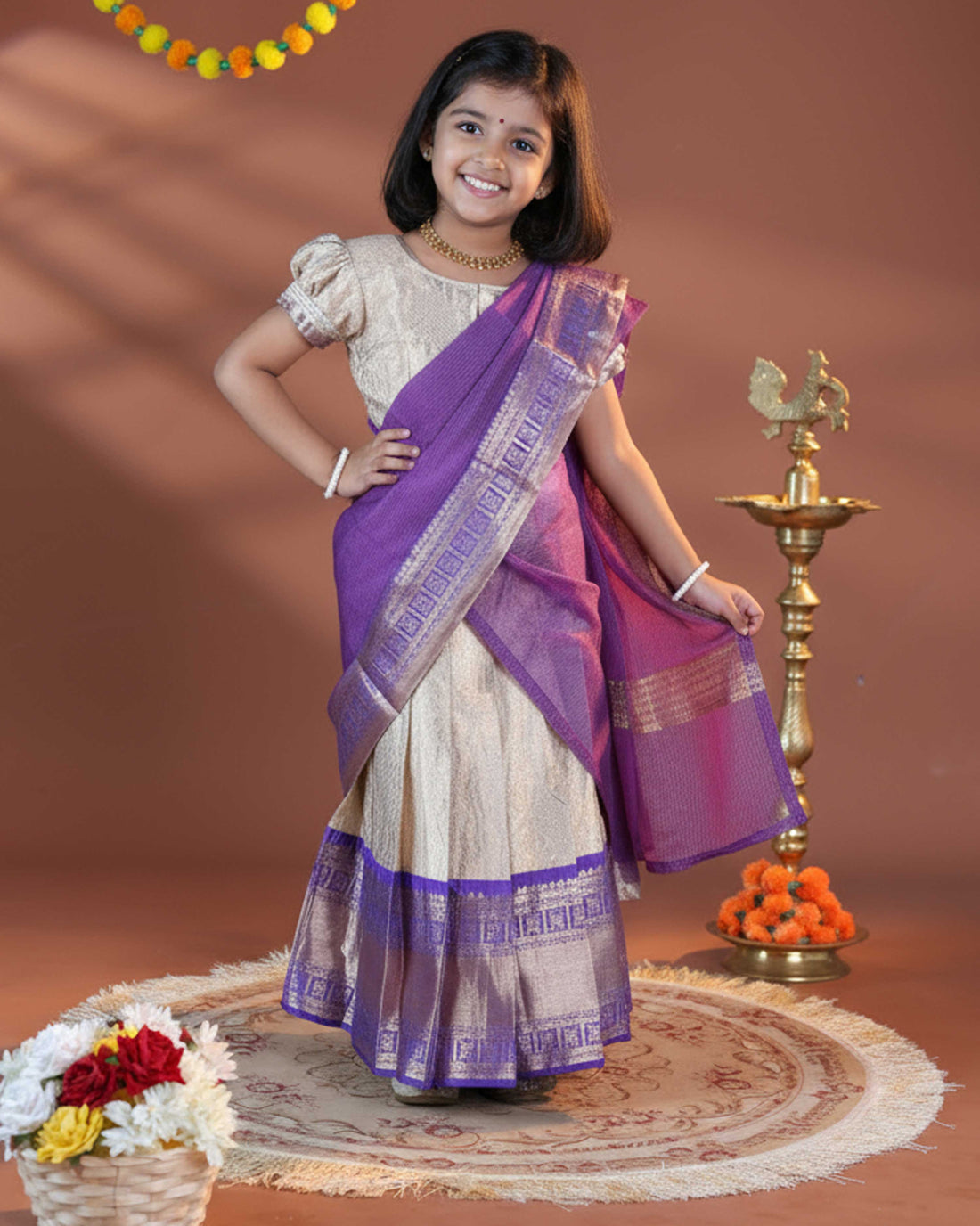 Girls' Traditional Pattu Pavadai Dhavani Set with Zari Border - Gold & Purple