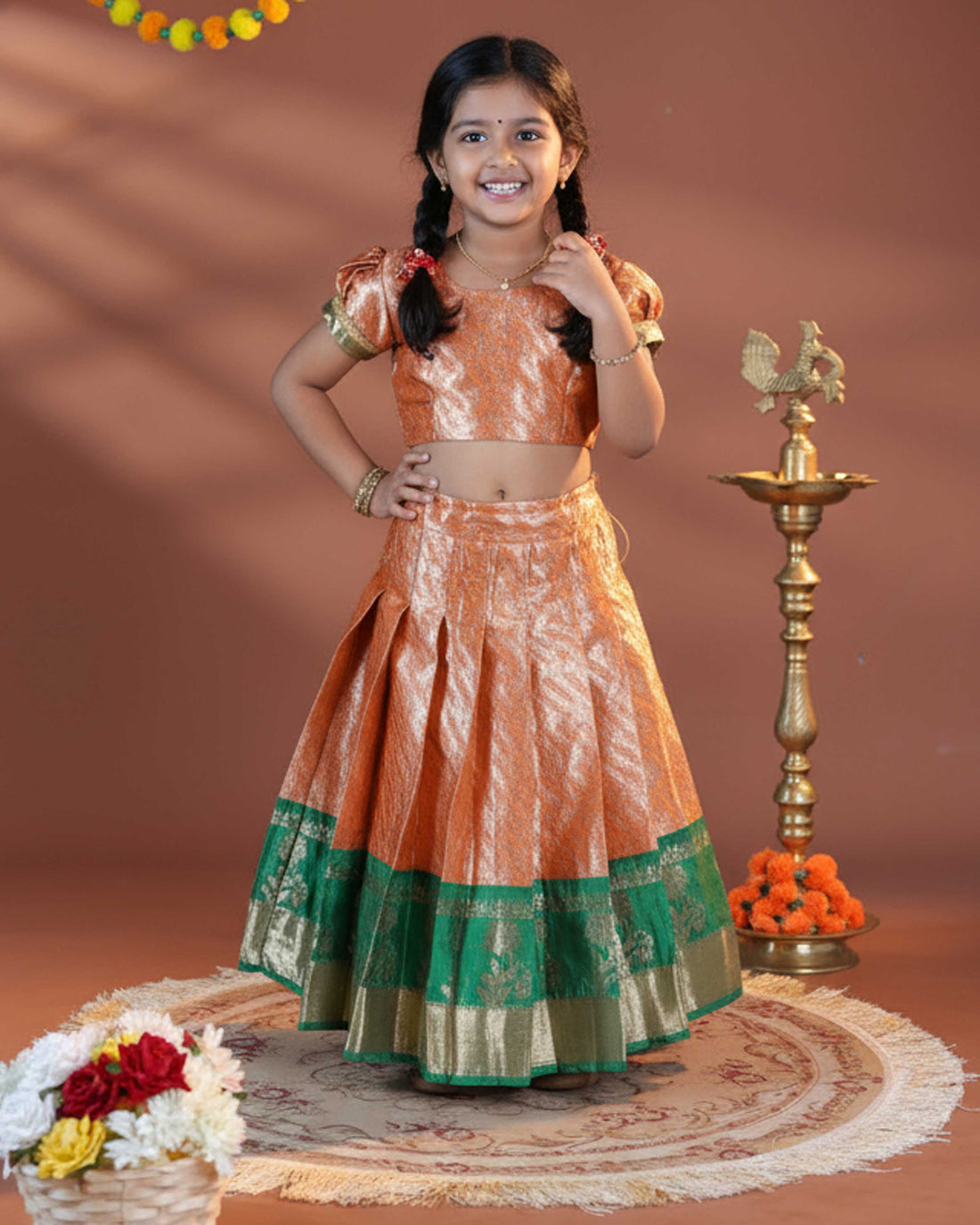 Girls' Traditional Pattu Pavadai Dhavani Set with Zari Border - Orange & Green