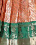 Girls' Traditional Pattu Pavadai Dhavani Set with Zari Border - Orange & Green-Close