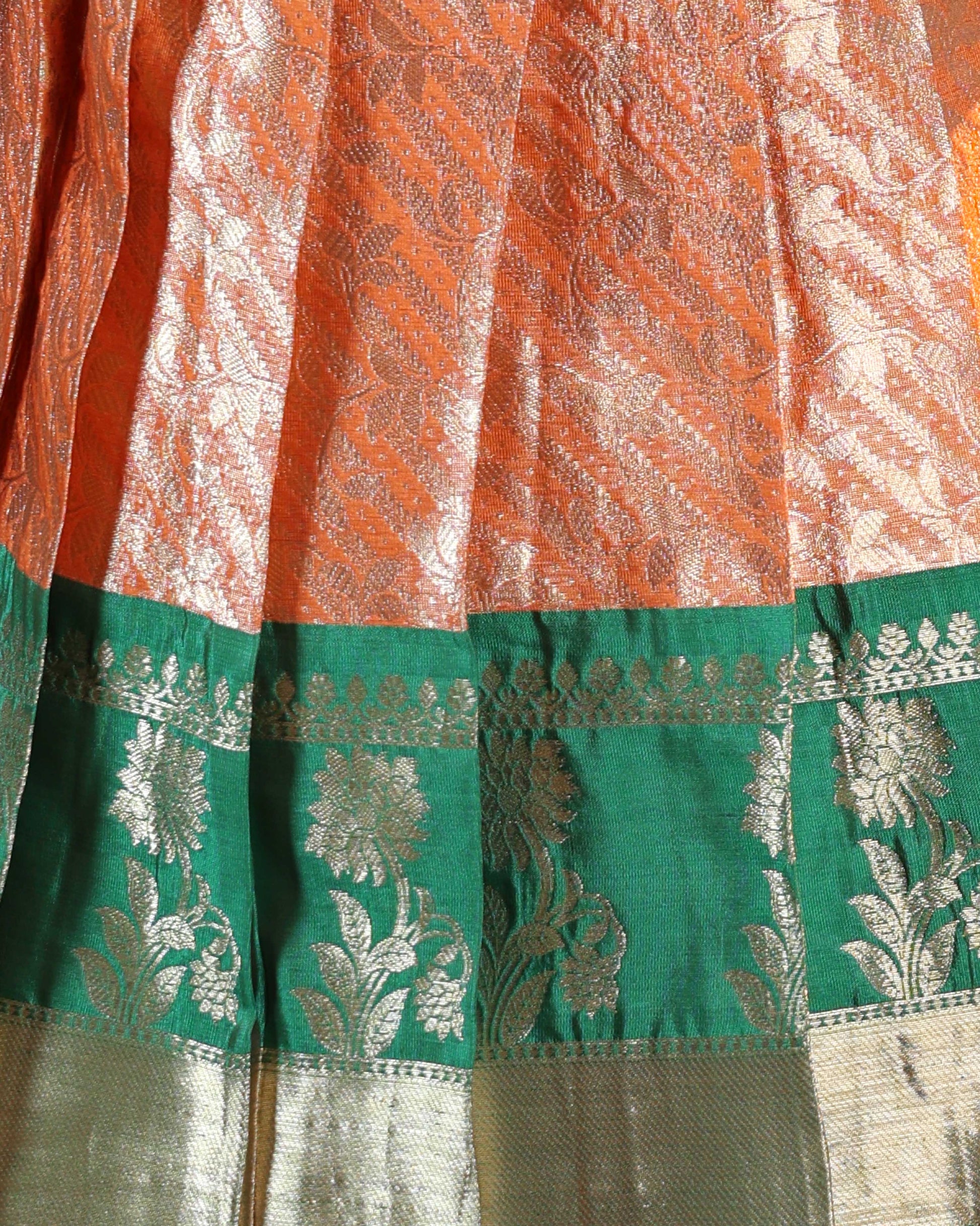 Girls' Traditional Pattu Pavadai Dhavani Set with Zari Border - Orange & Green-Close