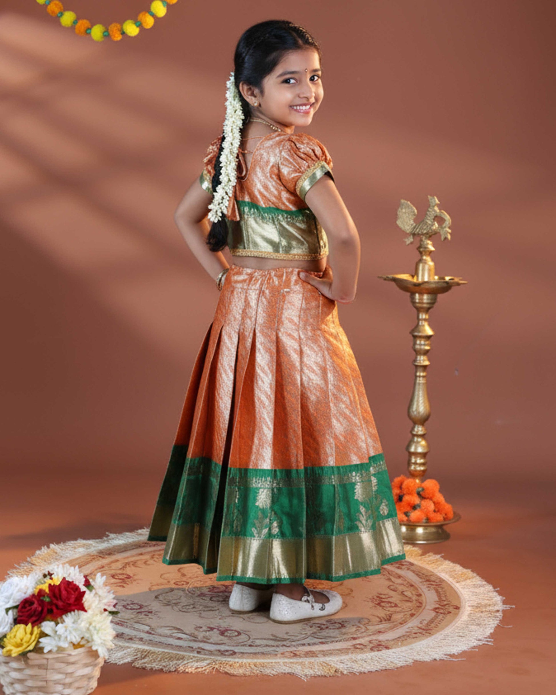 Girls' Traditional Pattu Pavadai Dhavani Set with Zari Border - Orange & Green