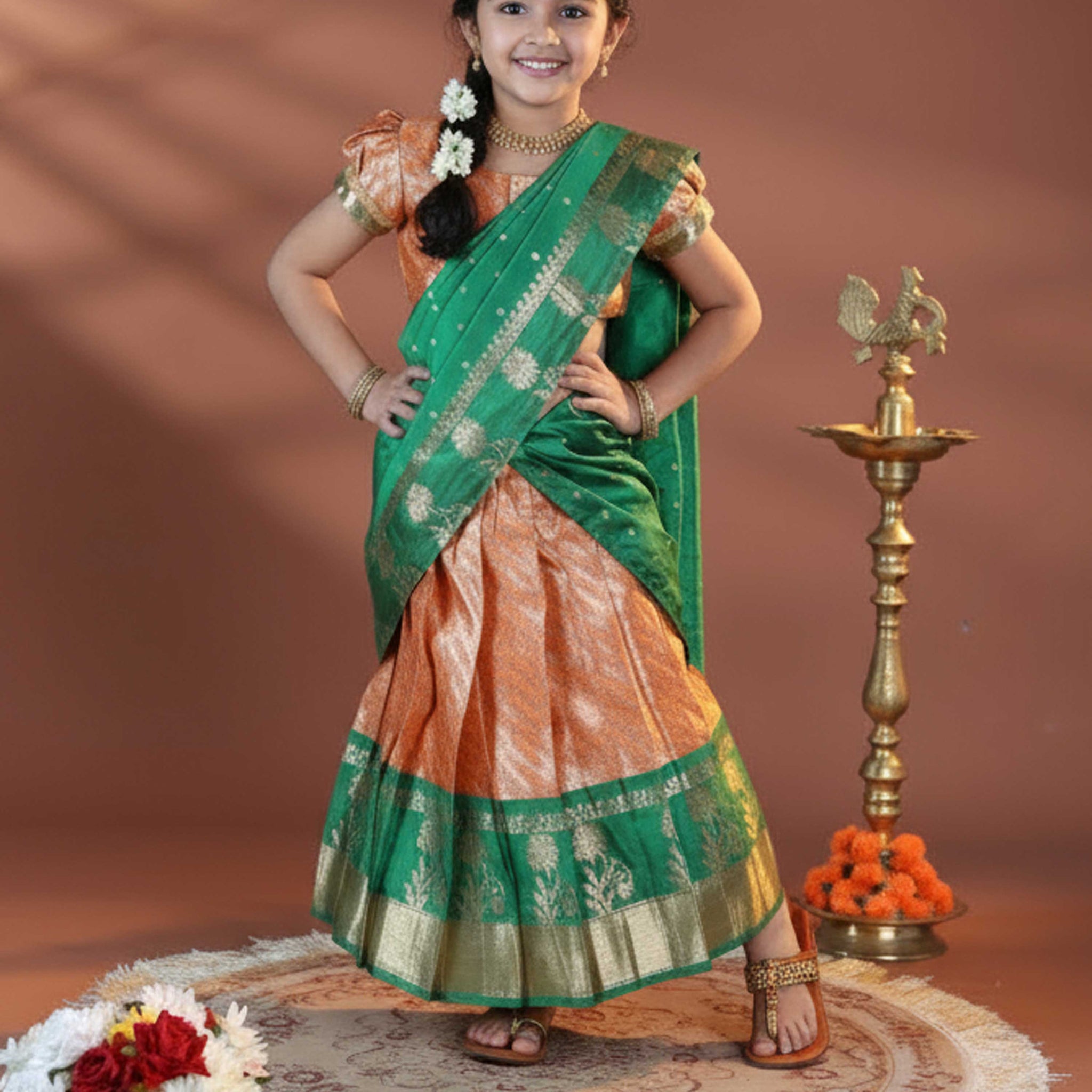 Girls' Traditional Pattu Pavadai Dhavani Set with Zari Border - Orange & Green