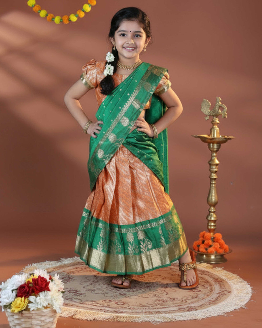 Girls' Traditional Pattu Pavadai Dhavani Set with Zari Border - Orange & Green
