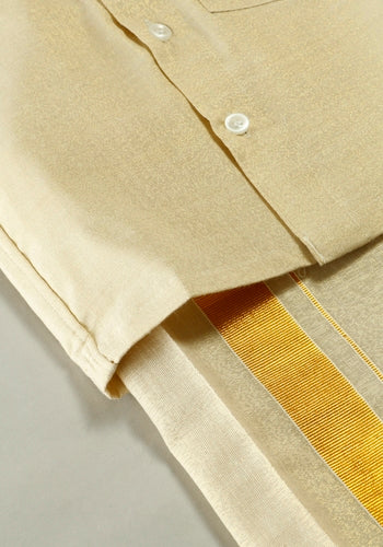 Gold Colour Silk Cotton Dhoti & Shirt Set Online