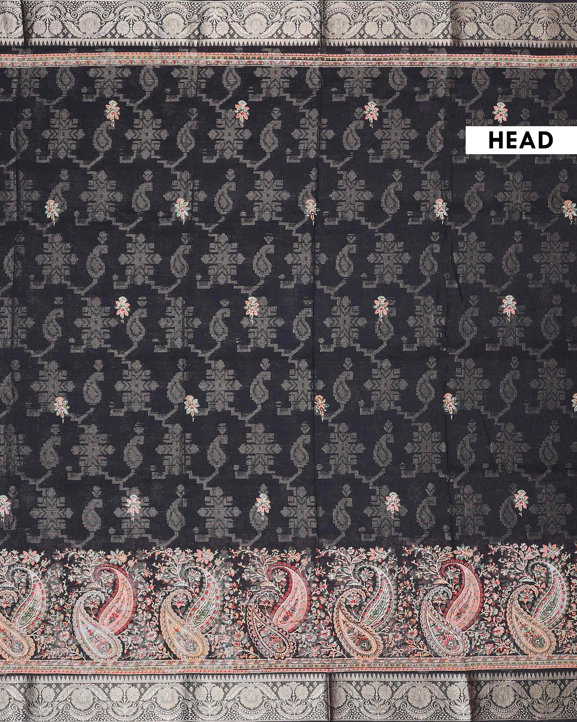 Graceful Dola Silk Saree with Paisley & Floral Motif Woven Butta Design and Traditional Zari Border  - Black-Head