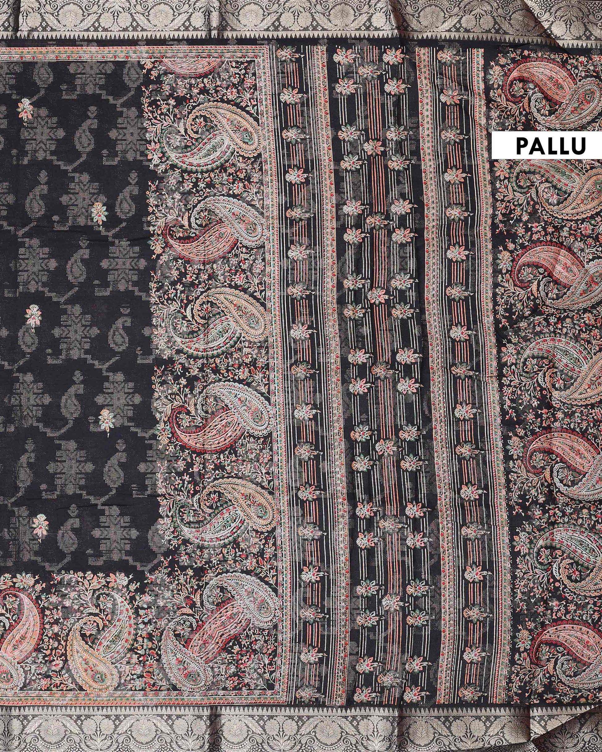 Graceful Dola Silk Saree with Paisley & Floral Motif Woven Butta Design and Traditional Zari Border  - Black-Pallu