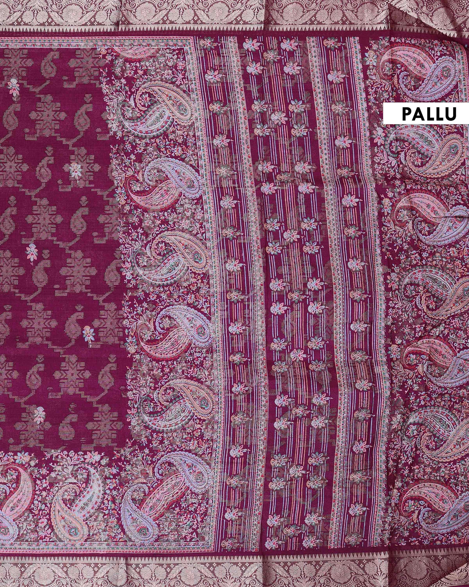 Graceful Dola Silk Saree with Paisley & Floral Motif Woven Butta Design and Traditional Zari Border  - Burgundy-Pallu