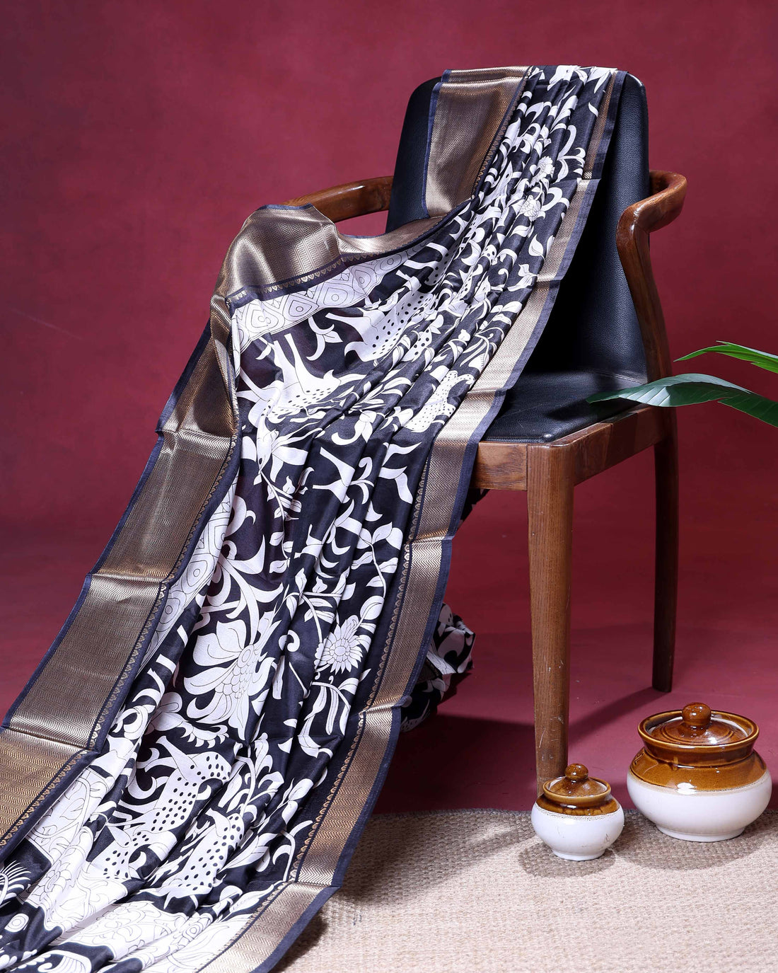 Graceful Semi Chanderi Saree with Floral Vine and Deer Motif Print Decorative Traditional Pallu and Zari Woven Border - Black