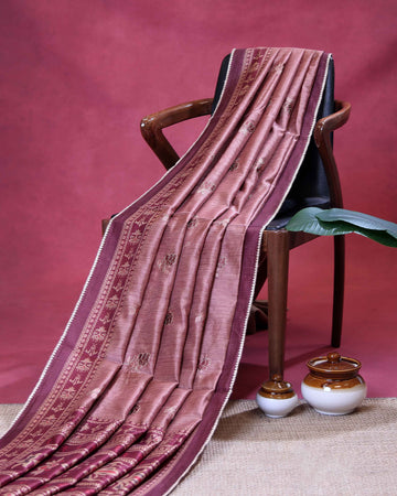 Graceful Semi Tussar Silk Saree with Delicate Floral Buti Embroidery and Traditional Woven Border - Dusty Pink