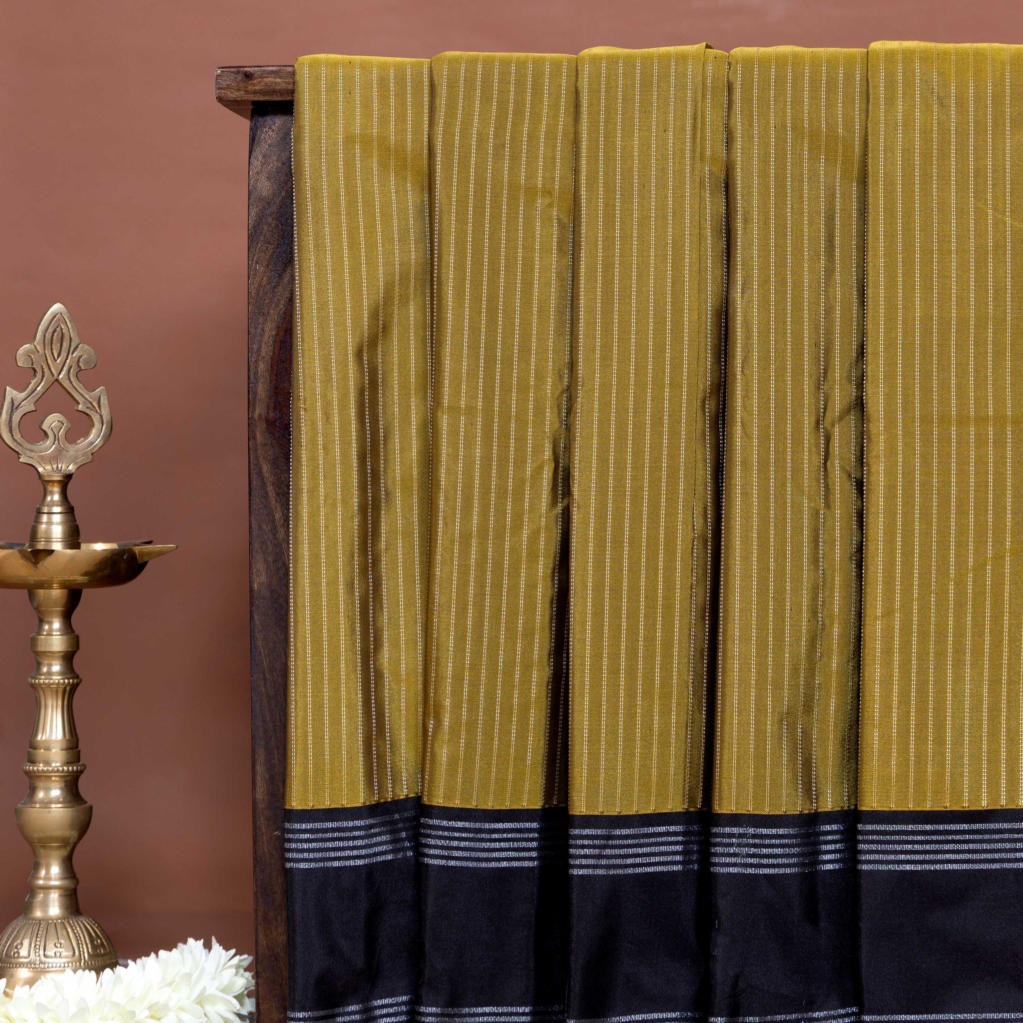 Graceful Soft Silk Saree Accented with Vertical Stripes and Elegant Border Finish - Olive Green