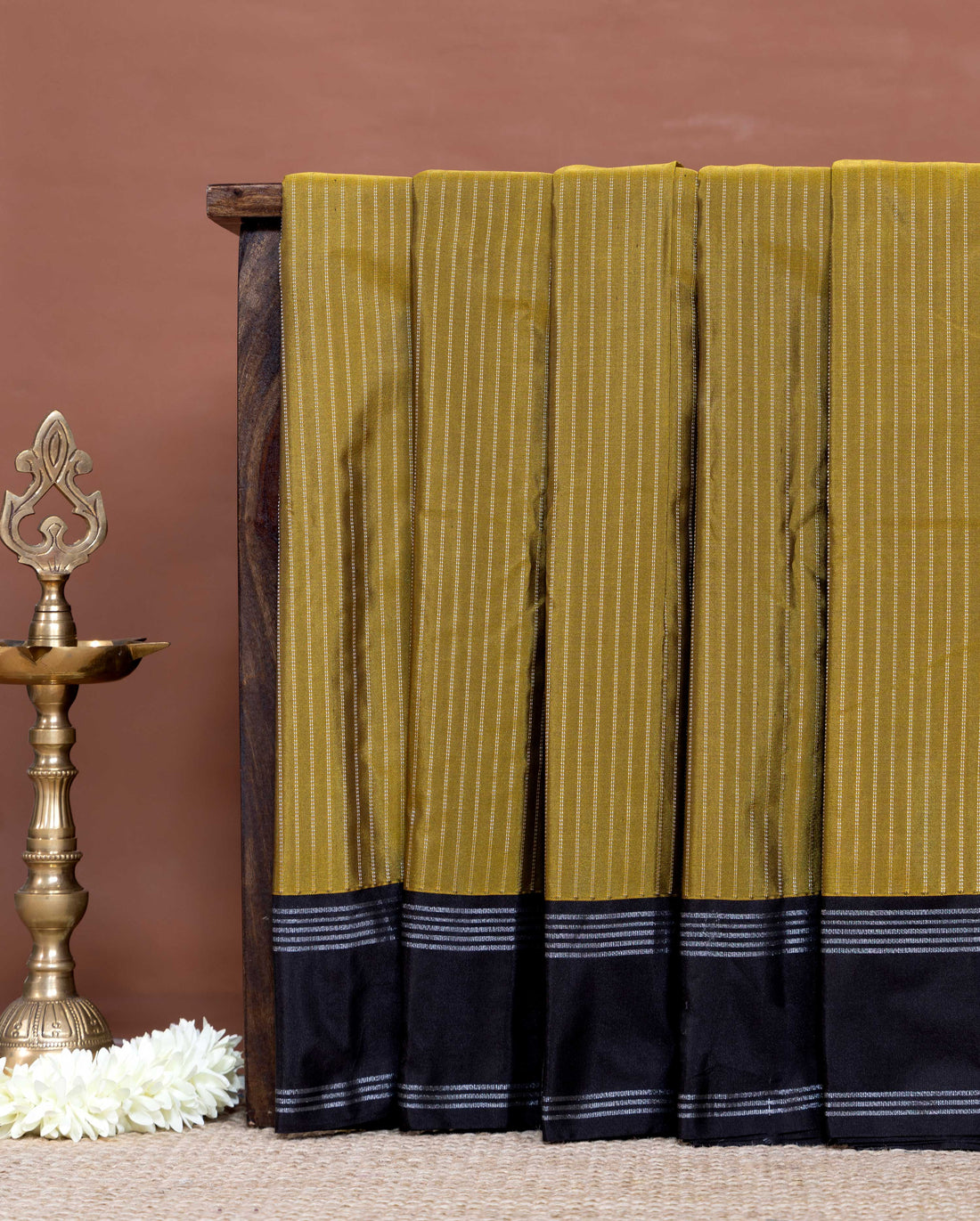 Graceful Soft Silk Saree Accented with Vertical Stripes and Elegant Border Finish - Olive Green