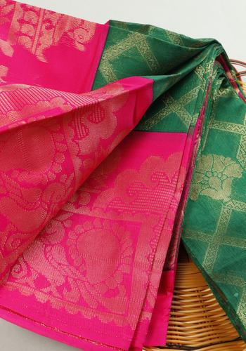 Green Colour Cotton Saree with Pink Blouse