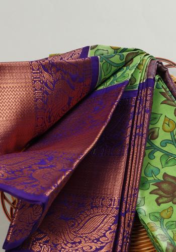 Green Colour Cotton Saree with Printed Design one