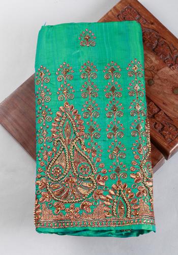 Embroidered Unstitched Raw Silk Blouse Material with Zari and Sequin Work - Green