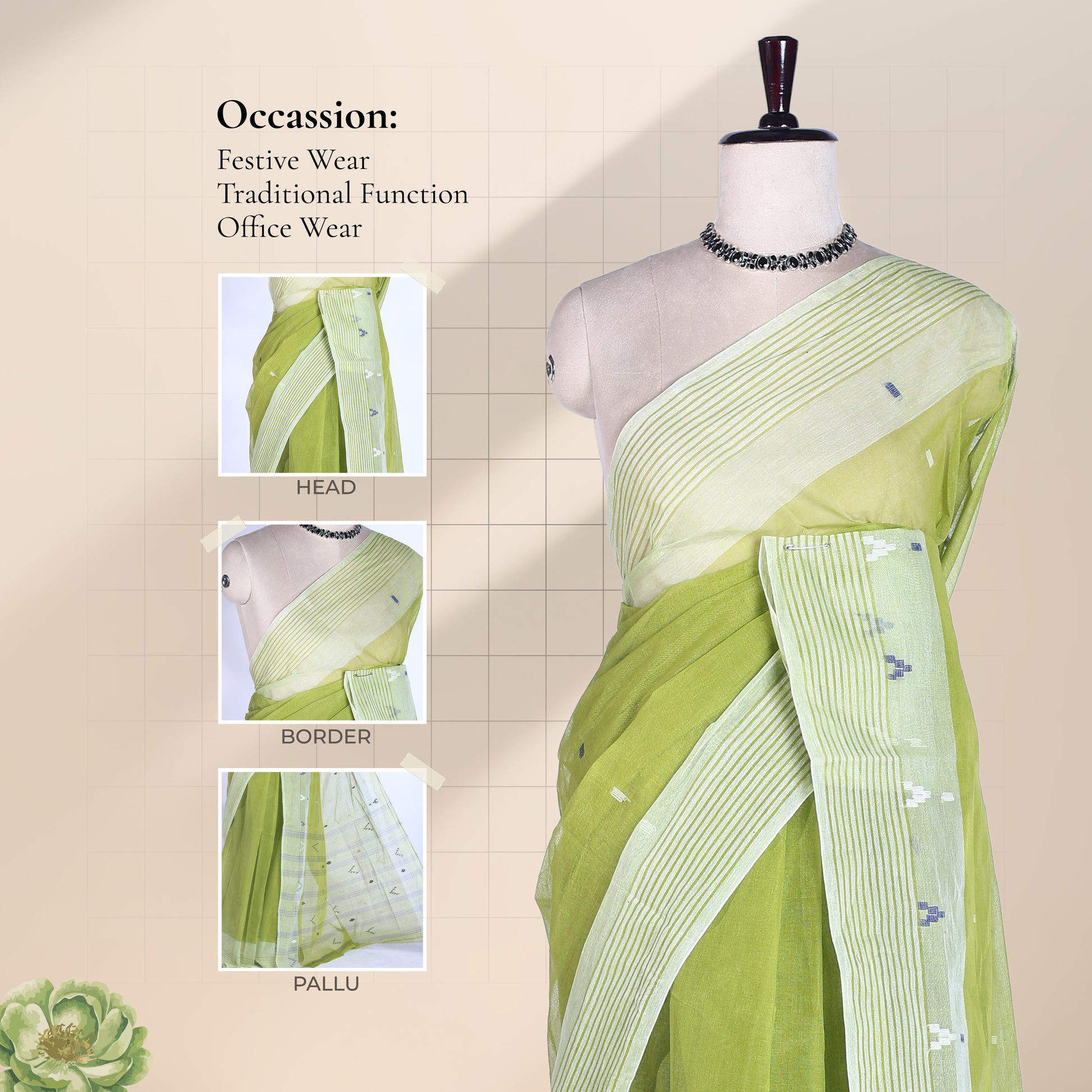 Green Bengal Cotton Saree With White Striped Border And Woven Motifs Front Drape View On Mannequin