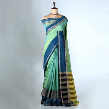 Green Mangalagiri Cotton Saree With Blue Zari Border And Woven Pallu - Full View