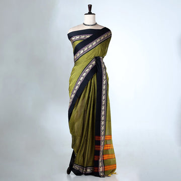 Green Mangalagiri Cotton Saree with Black Border and Pallu - Full View