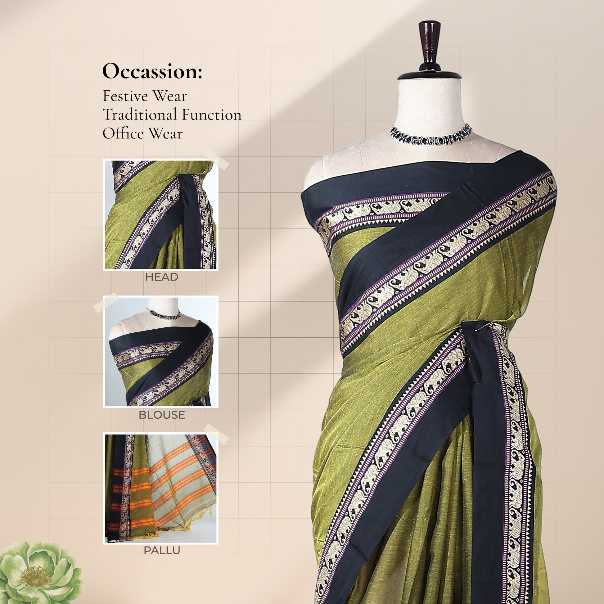 Green Mangalagiri Cotton Saree with a Black Border Elephant Motif Zari Detailing and Striped Pallu