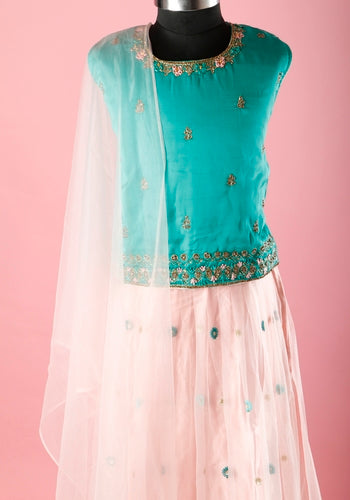 Green & Pink Colour Embroidered Kids Choli