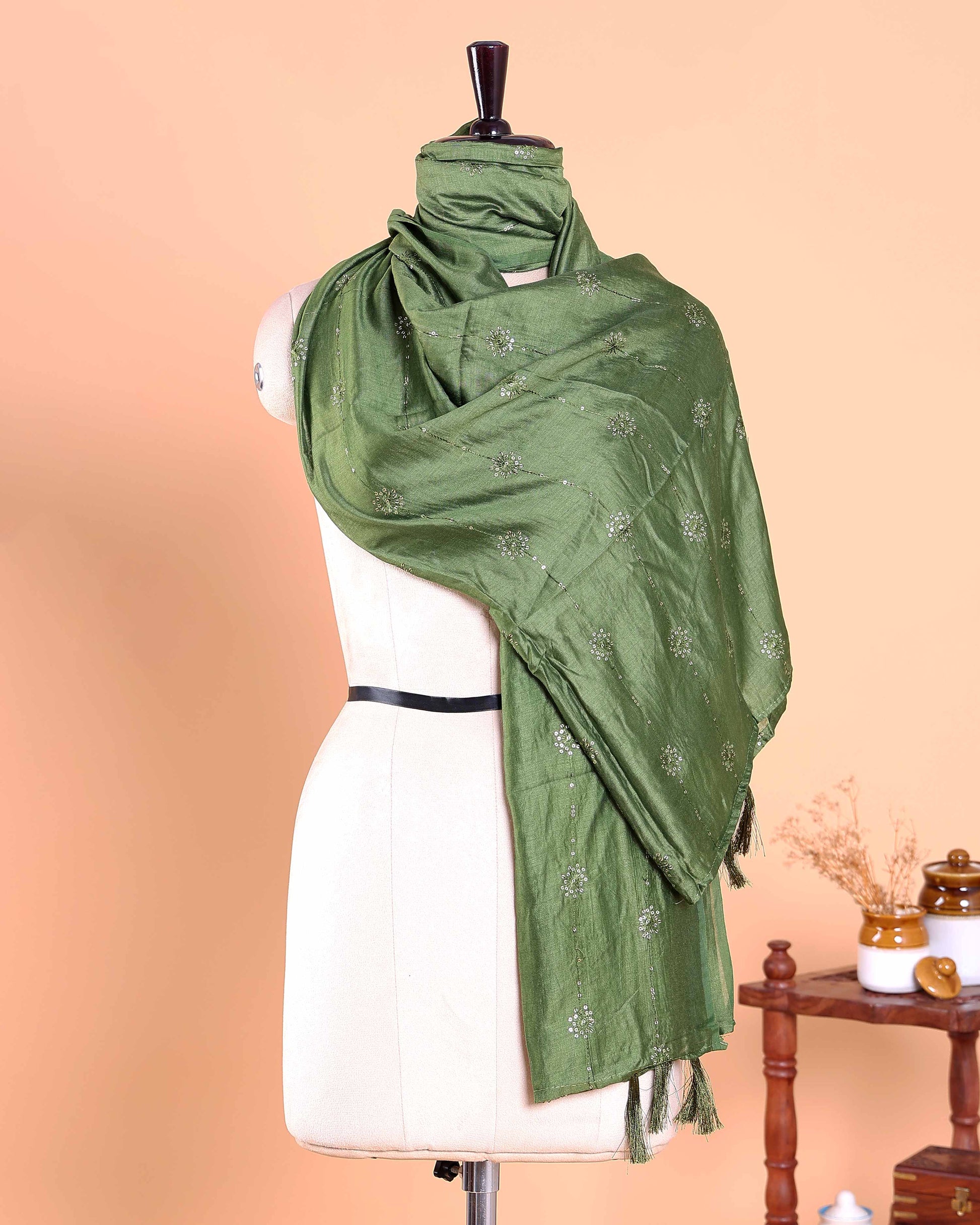 Elegant Embroidered Women’s Dupatta with Delicate Vertical Motif Pattern, Olive Green