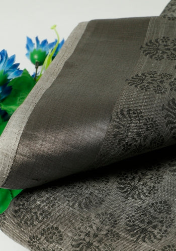 Grey Colour Printed Linen Cotton Sarees
