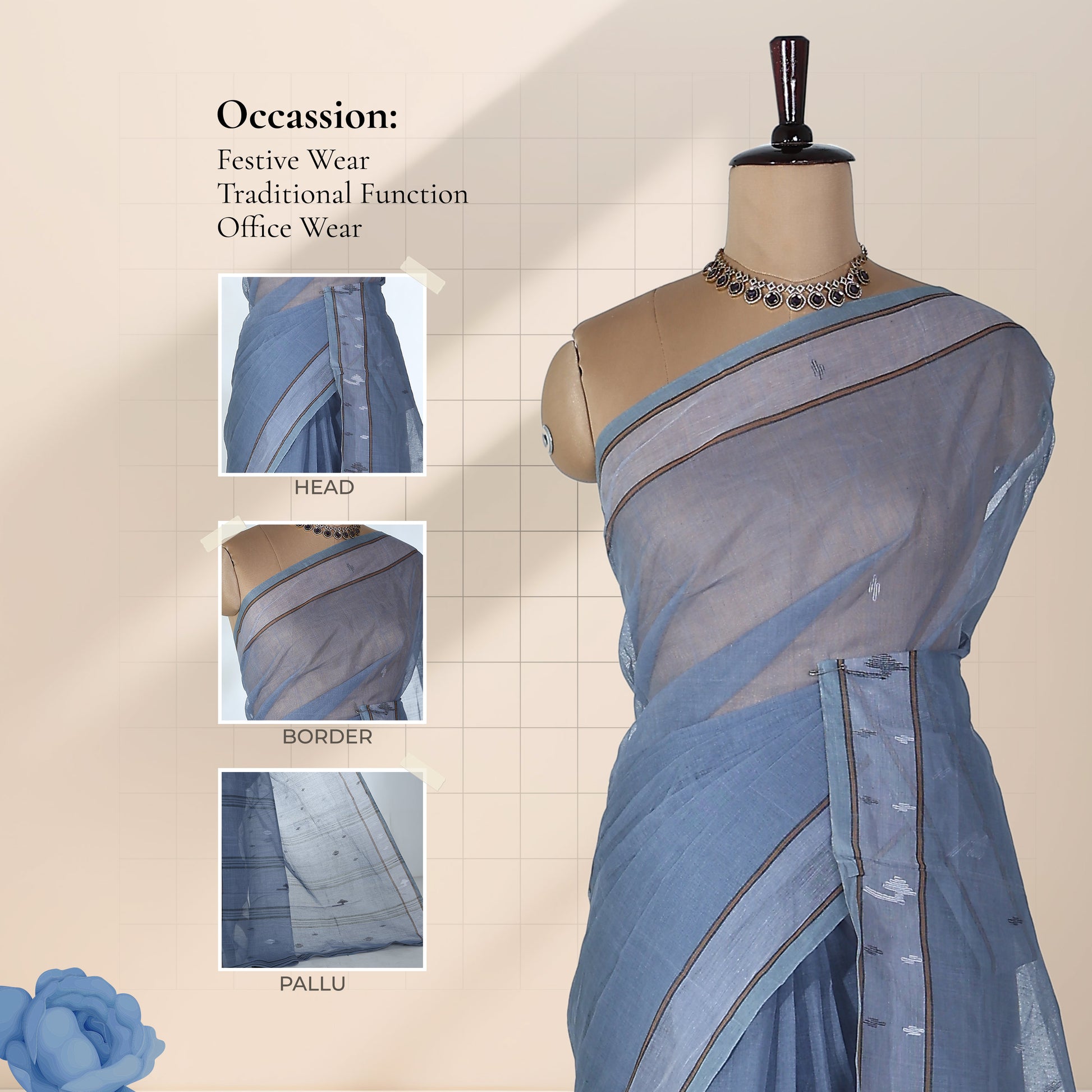 Grey Bengal Cotton Saree With Woven Buti Motifs And Contrast Border In Grey Front Draped Mannequin View