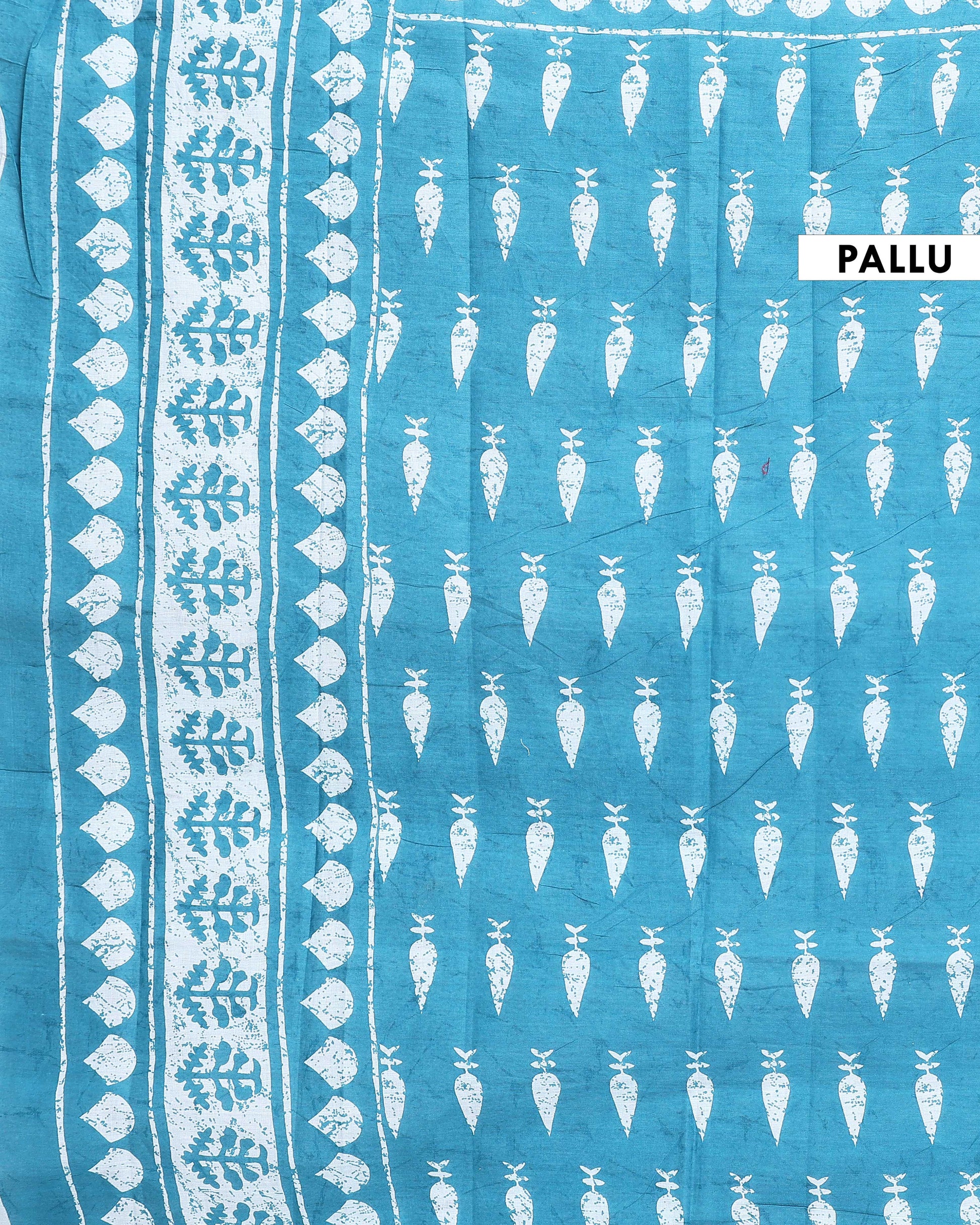 Hand-Block Printed Mul Mul Cotton Saree with Traditional Motifs - Blue-Pallu