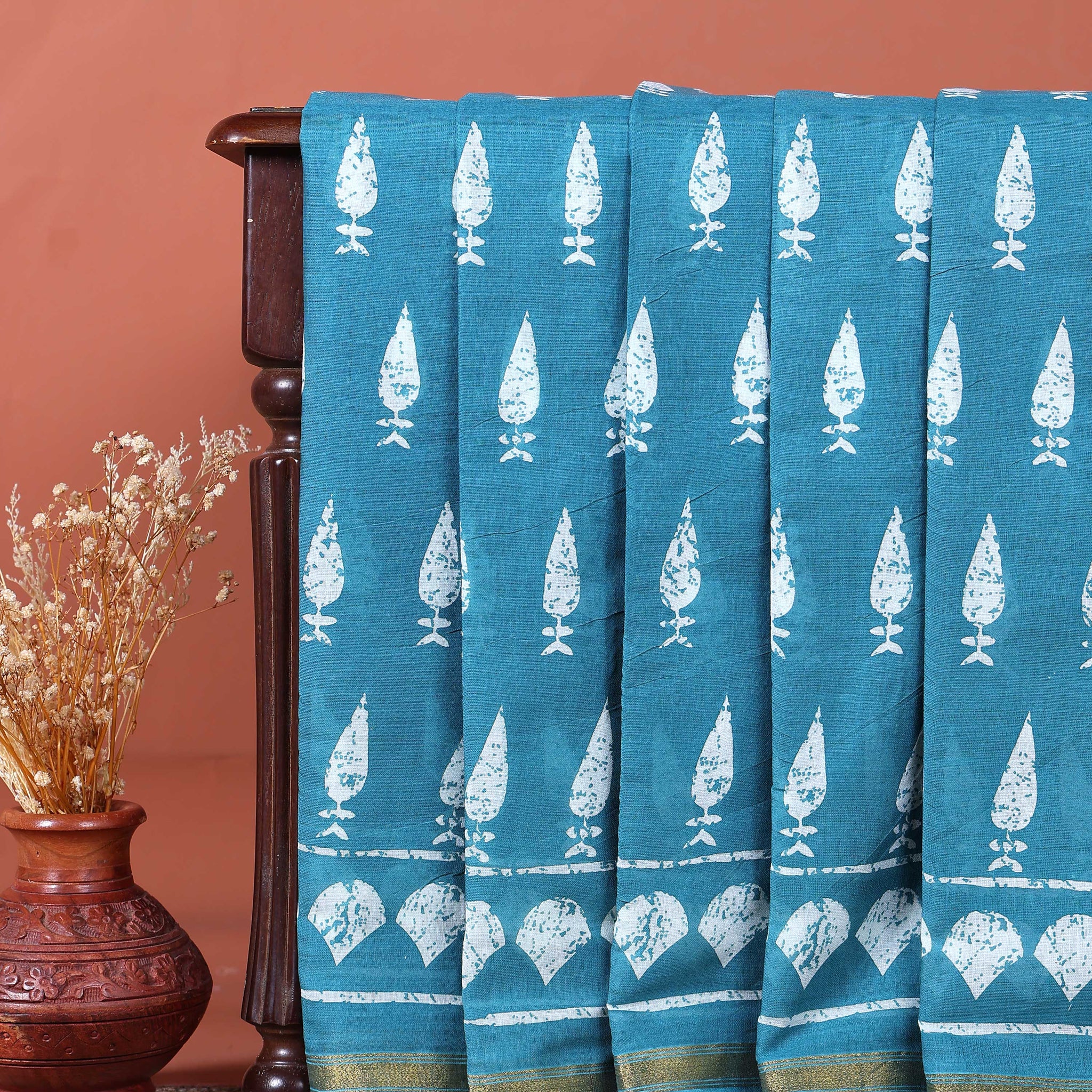 Hand-Block Printed Mul Mul Cotton Saree with Traditional Motifs - Blue