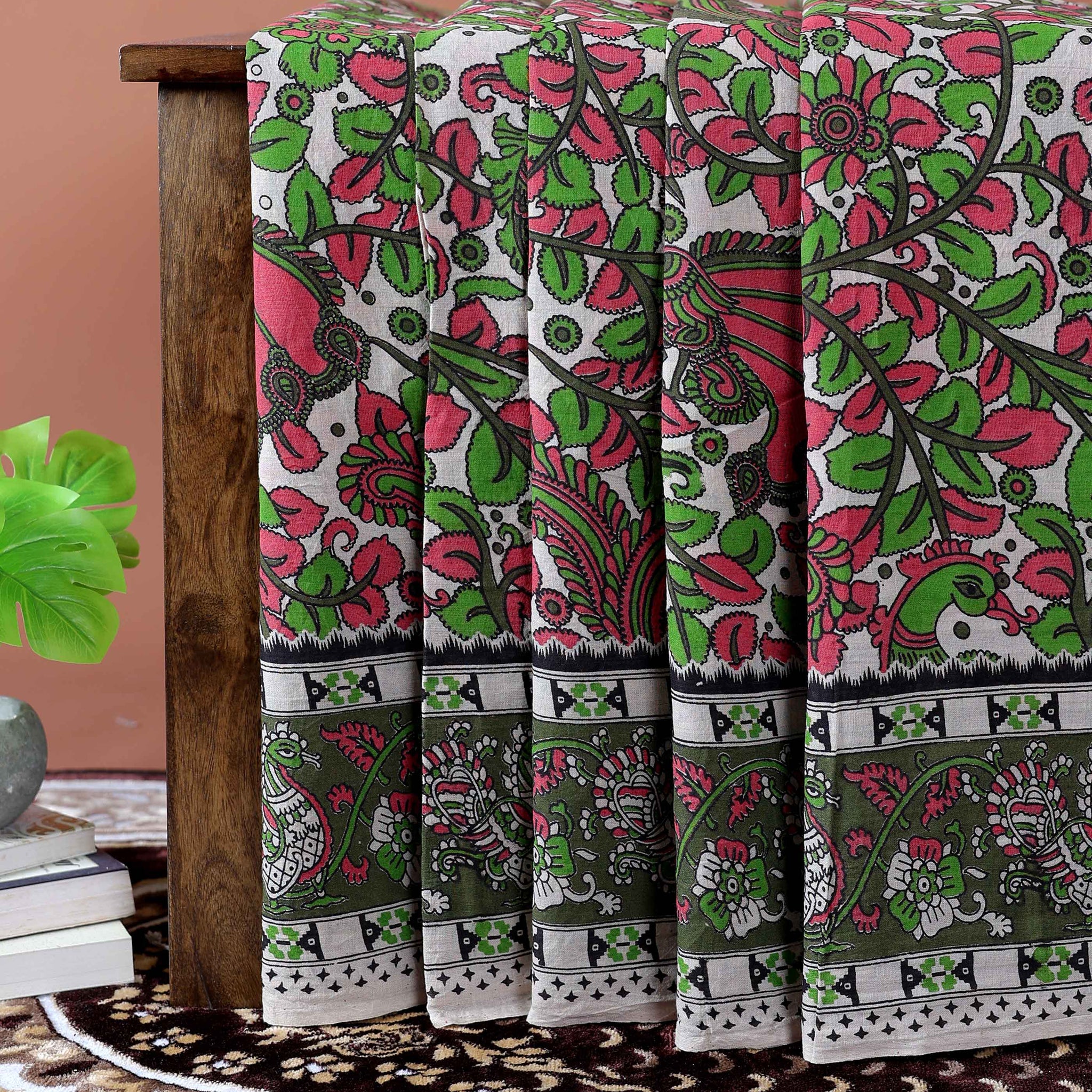 Hand-Painted Kalamkari Cotton Saree with Traditional Floral & Avian Motifs - Off White
