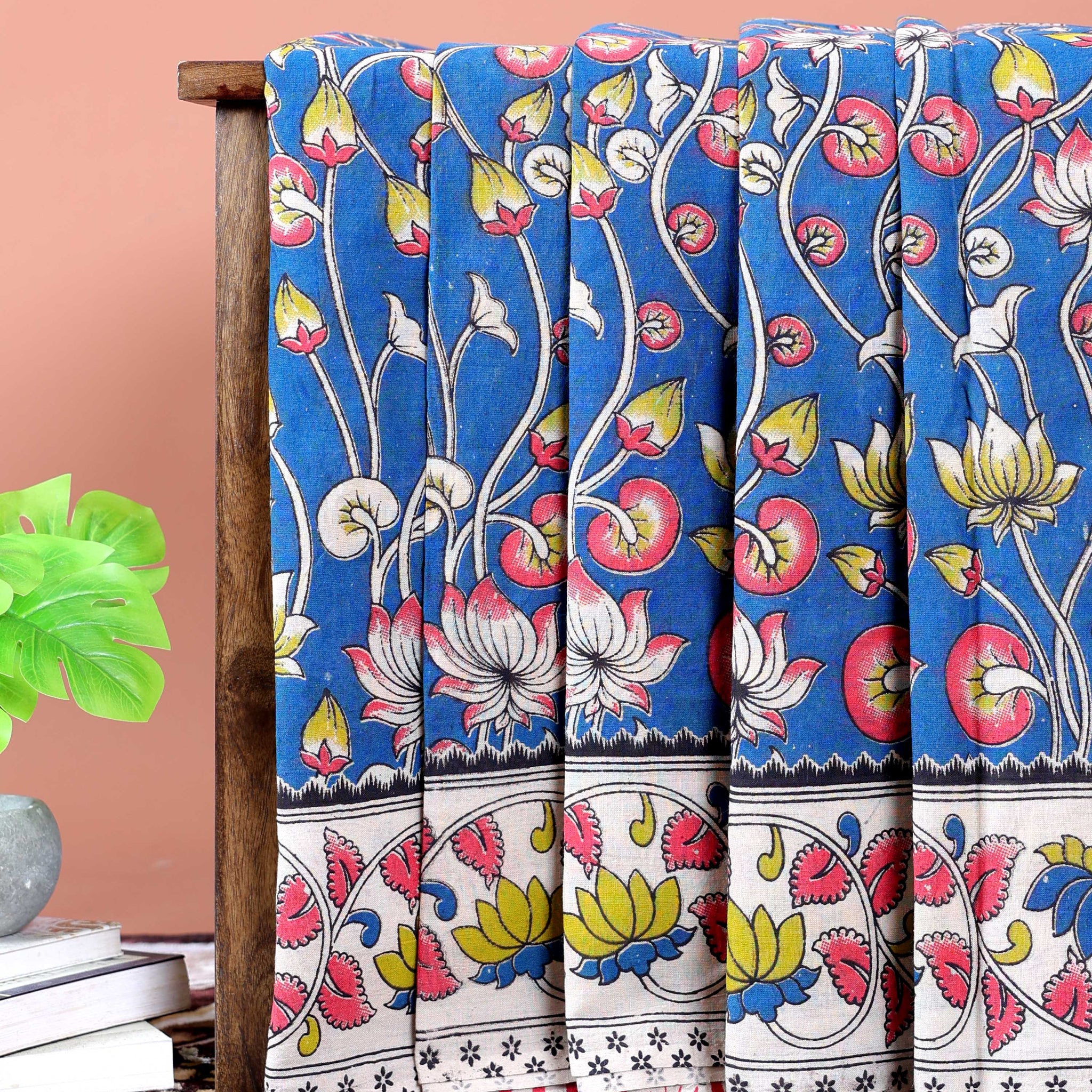 Hand-Painted Kalamkari Cotton Saree with Traditional Floral  Motifs - Blue