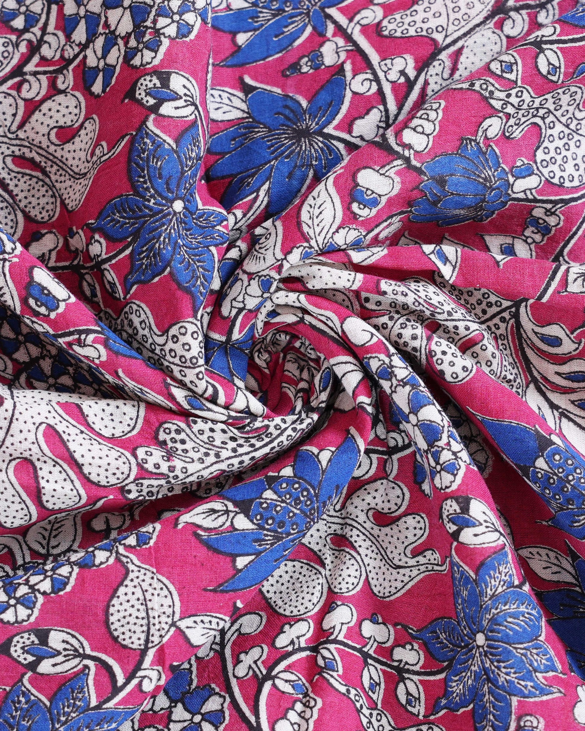 Hand-Painted Kalamkari Cotton Saree with Traditional Floral Motifs - Close-Pink