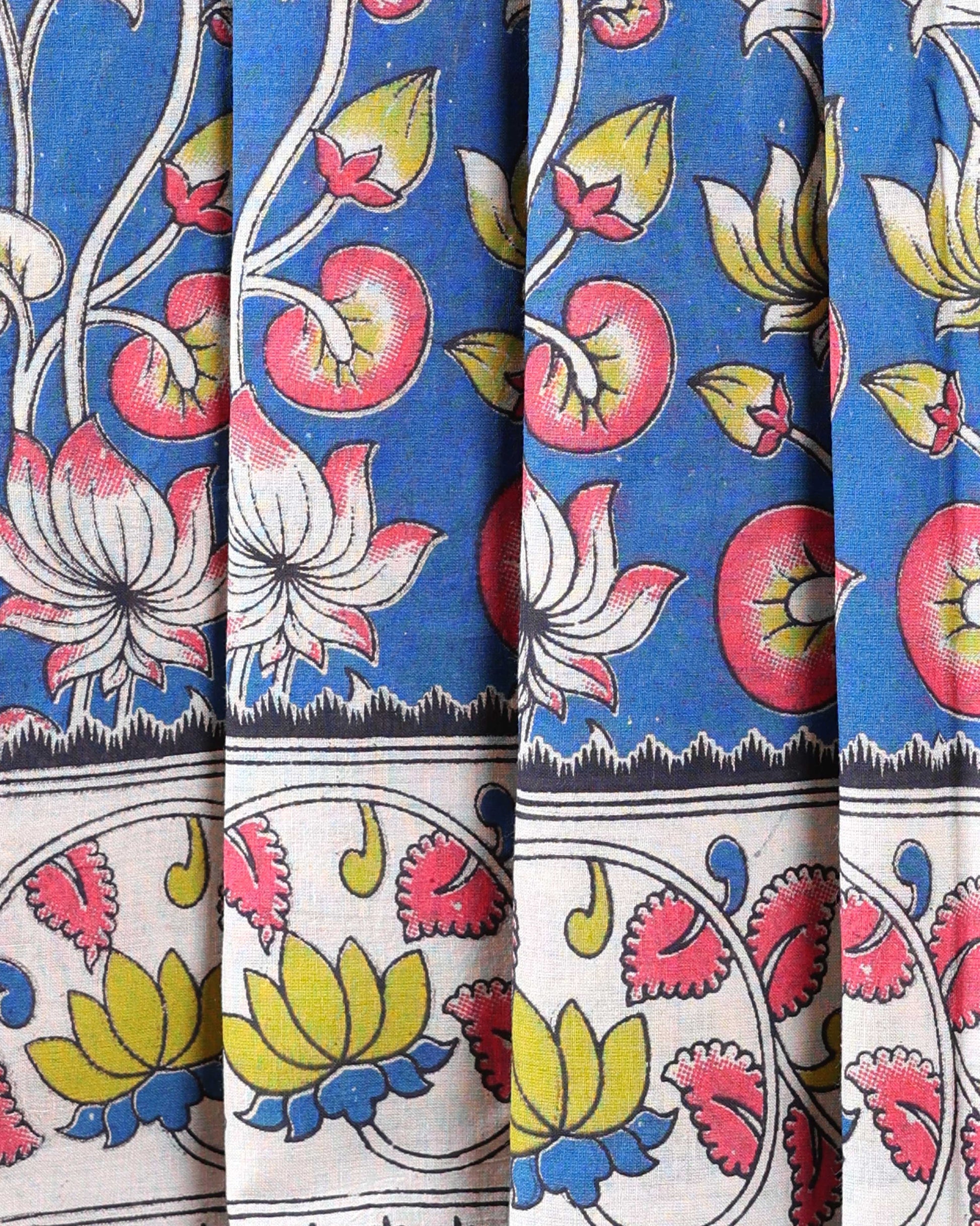 Hand-Painted Kalamkari Cotton Saree with Traditional Floral  Motifs - Close