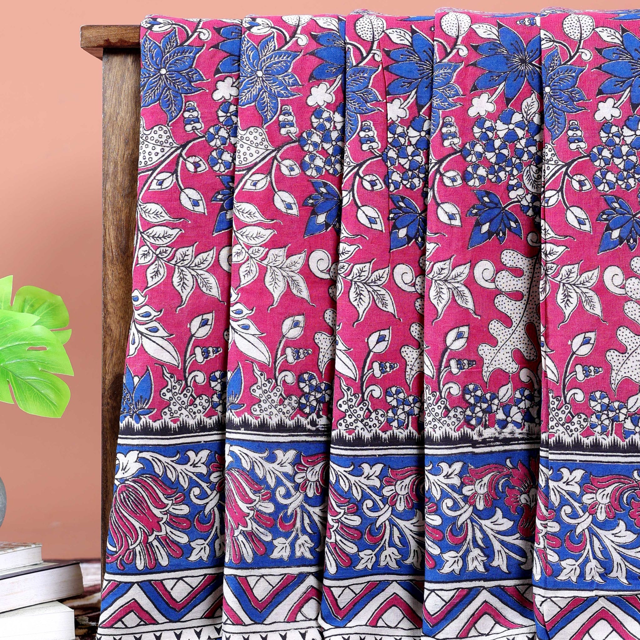 Hand-Painted Kalamkari Cotton Saree with Traditional Floral Motifs - Pink