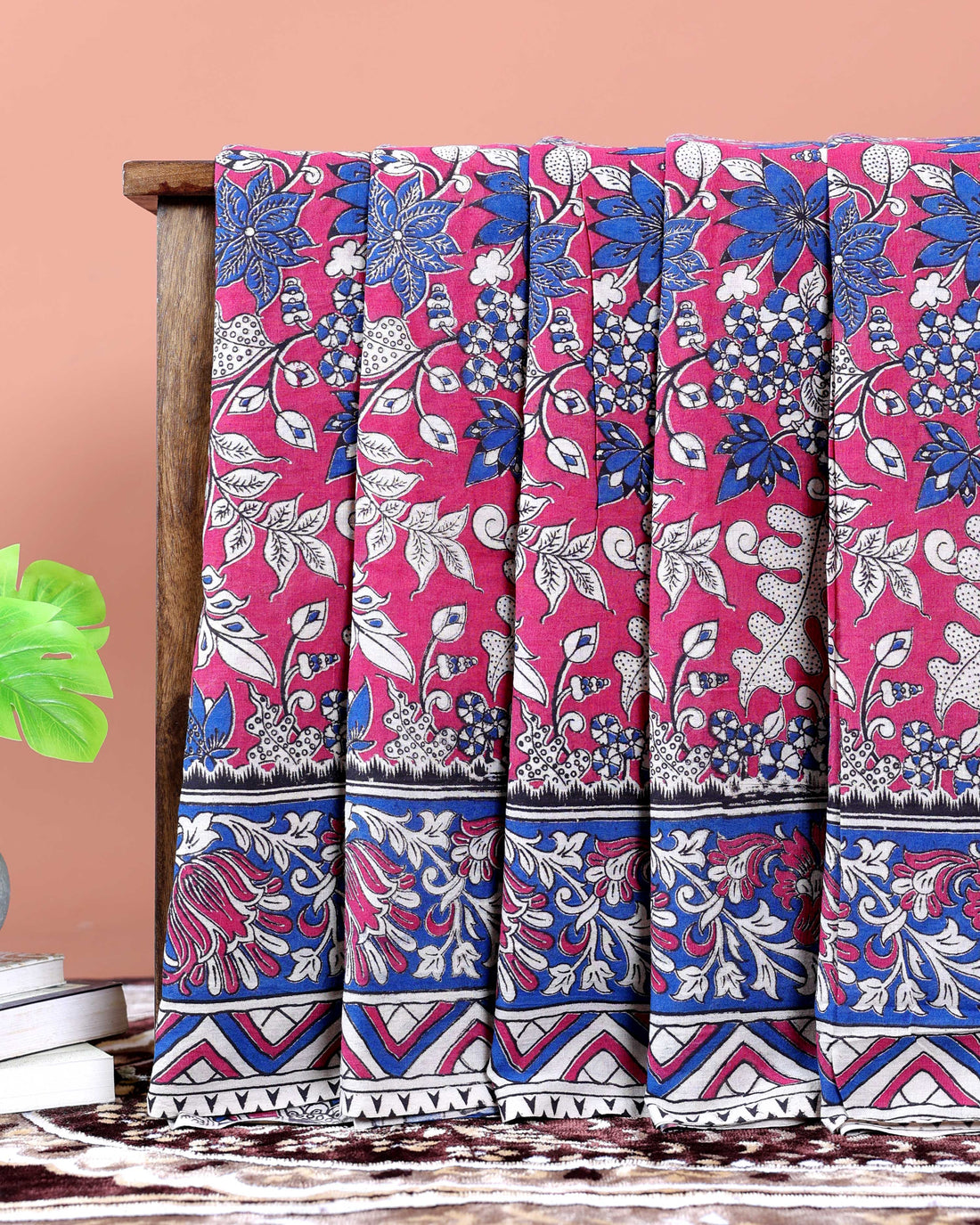 Hand-Painted Kalamkari Cotton Saree with Traditional Floral Motifs - Pink