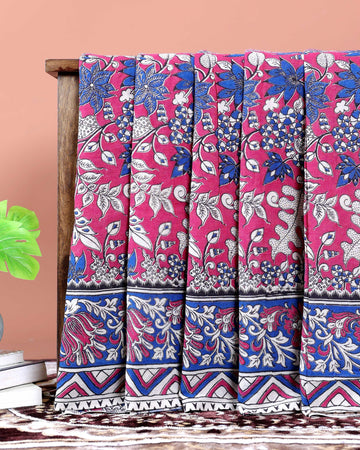 Hand-Painted Kalamkari Cotton Saree with Traditional Floral Motifs - Pink