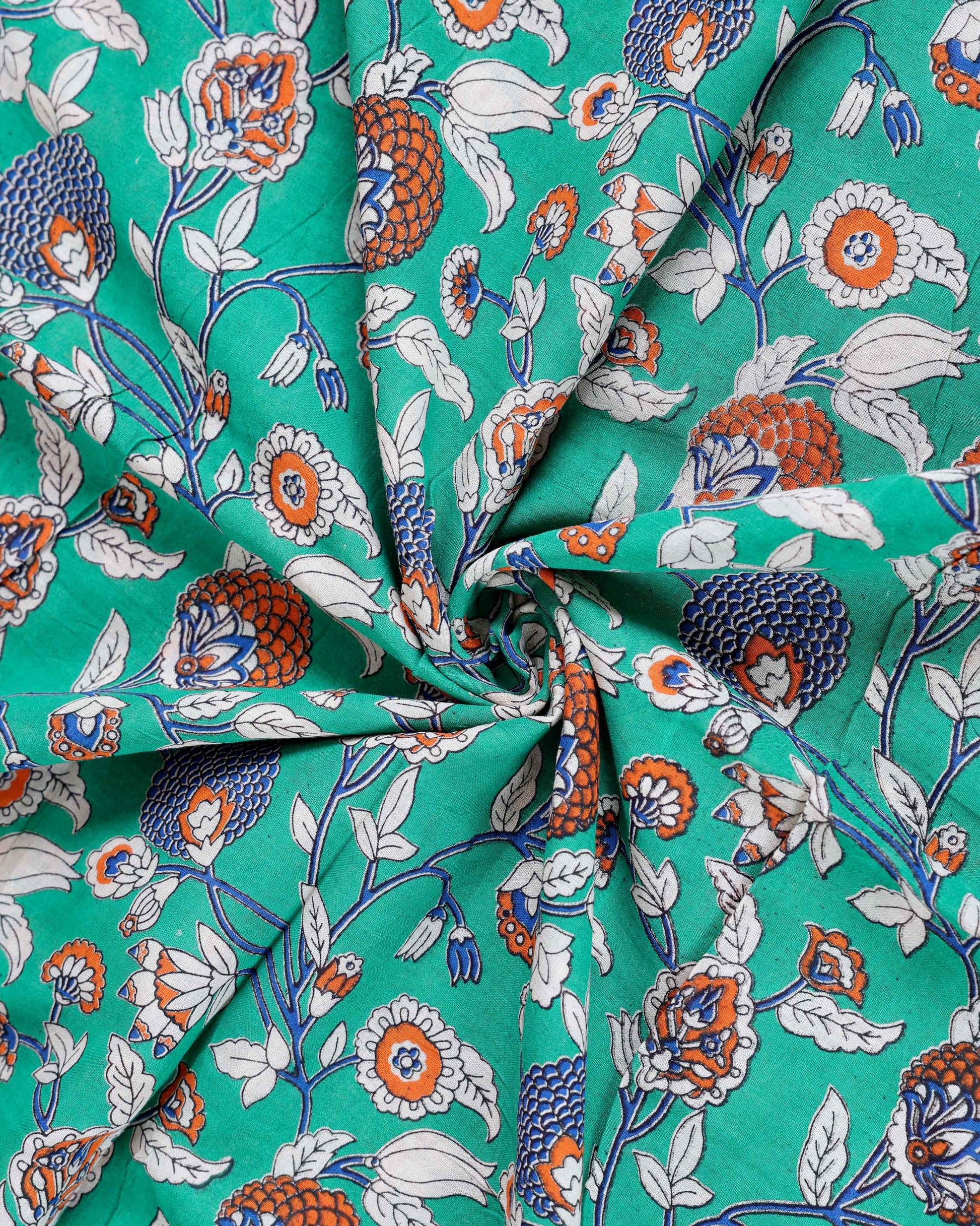 Hand-Painted Kalamkari Cotton Saree with Traditional Floral Motifs and Contrast Border - Green-Close