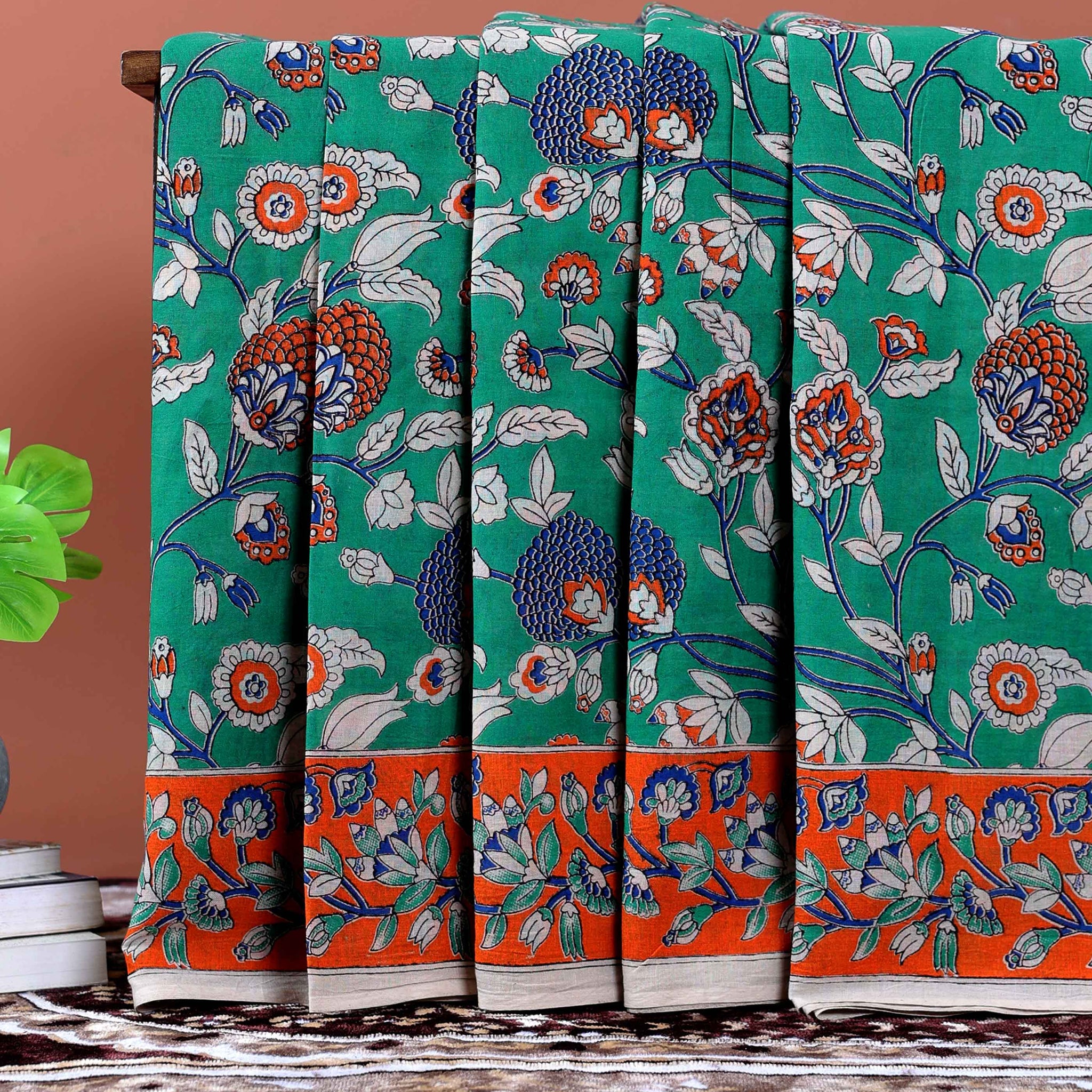 Hand-Painted Kalamkari Cotton Saree with Traditional Floral Motifs and Contrast Border - Green