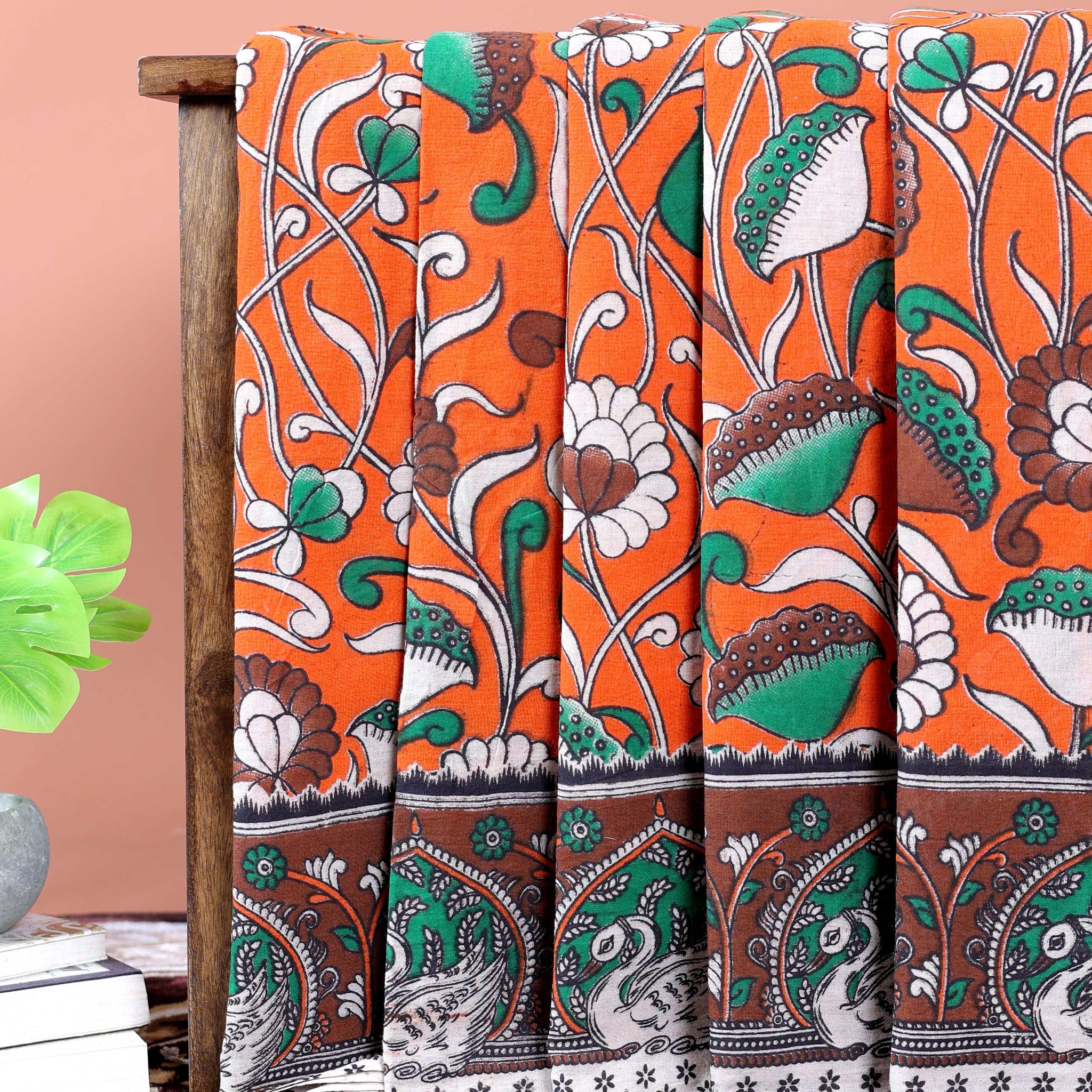 Hand-Painted Kalamkari Cotton Saree with Traditional Floral & Peacock Motifs - Orange