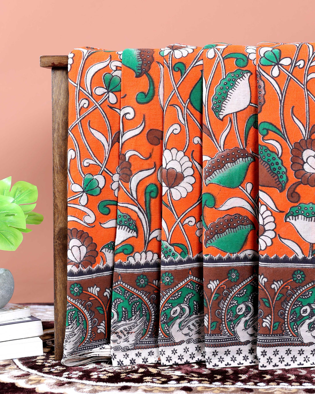 Hand-Painted Kalamkari Cotton Saree with Traditional Floral & Peacock Motifs - Orange