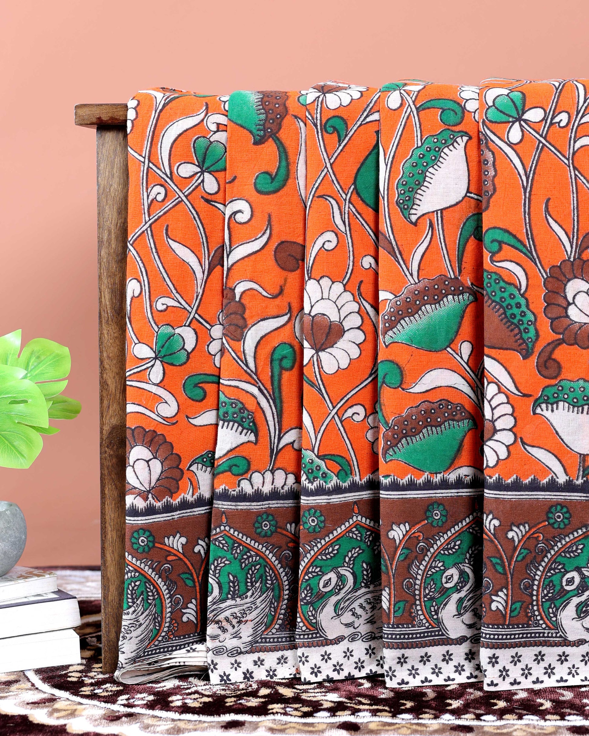 Hand-Painted Kalamkari Cotton Saree with Traditional Floral & Peacock Motifs - Orange