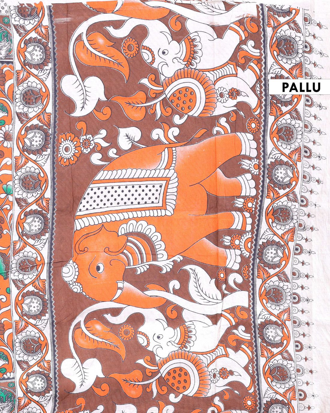 Hand-Painted Kalamkari Cotton Saree with Traditional Floral & Peacock Motifs - Orange