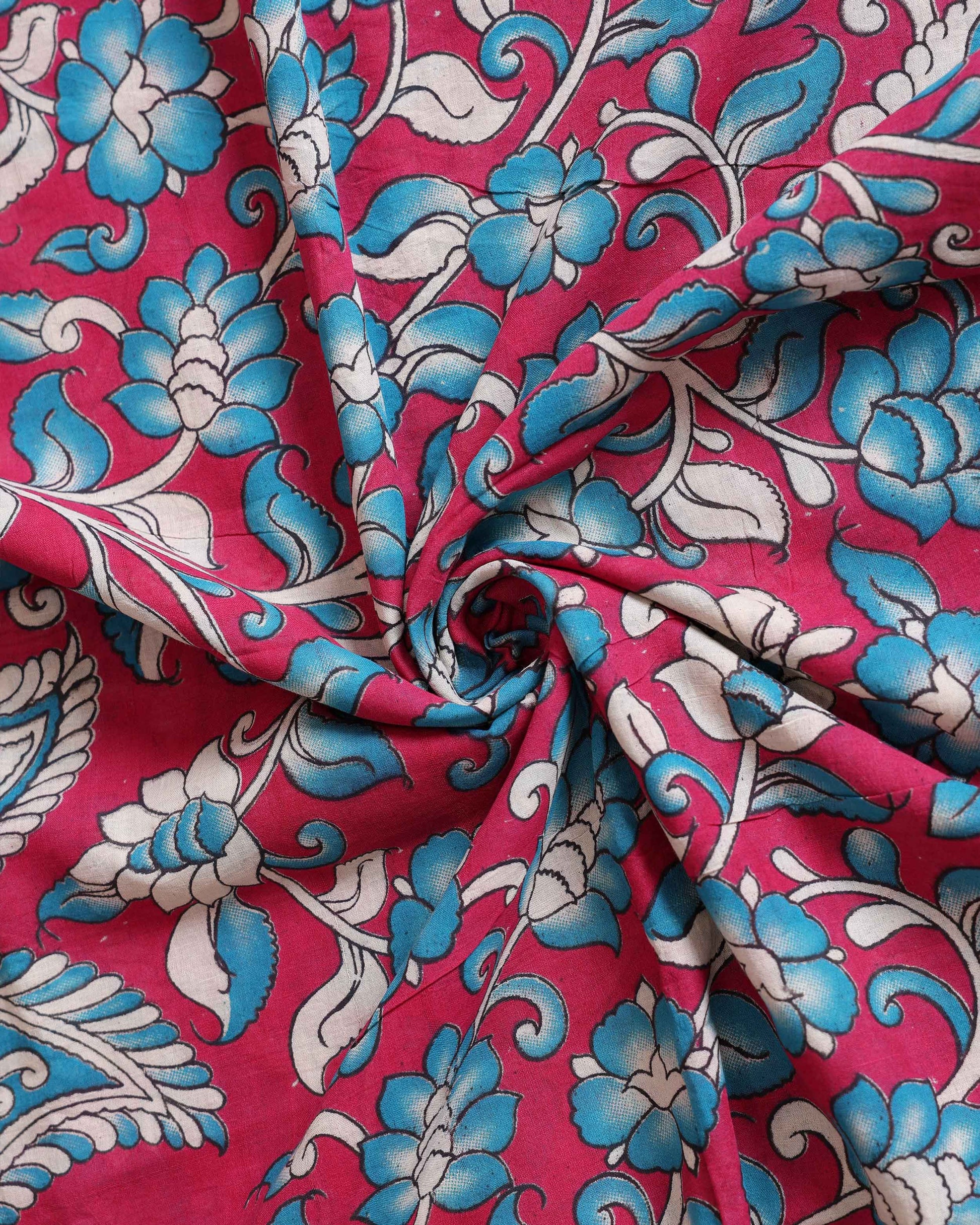 Hand-Painted Kalamkari Cotton Saree with Traditional Floral and Paisley Motifs - Red-Close