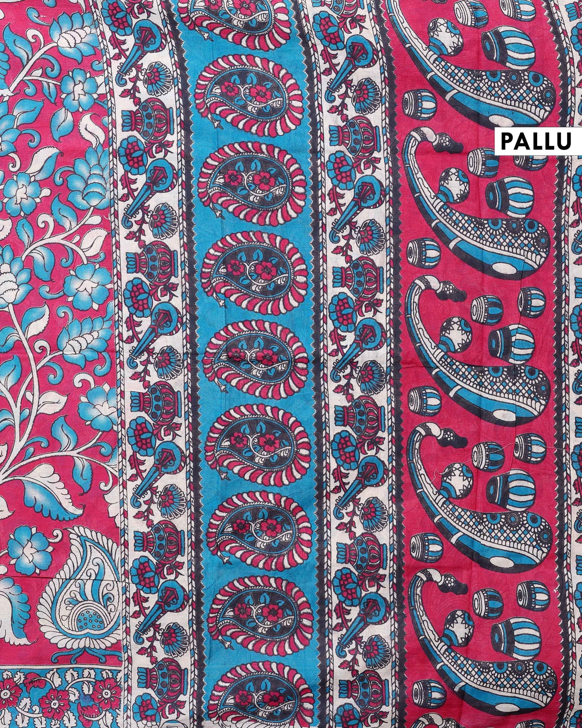 Hand-Painted Kalamkari Cotton Saree with Traditional Floral and Paisley Motifs - Red-pallu