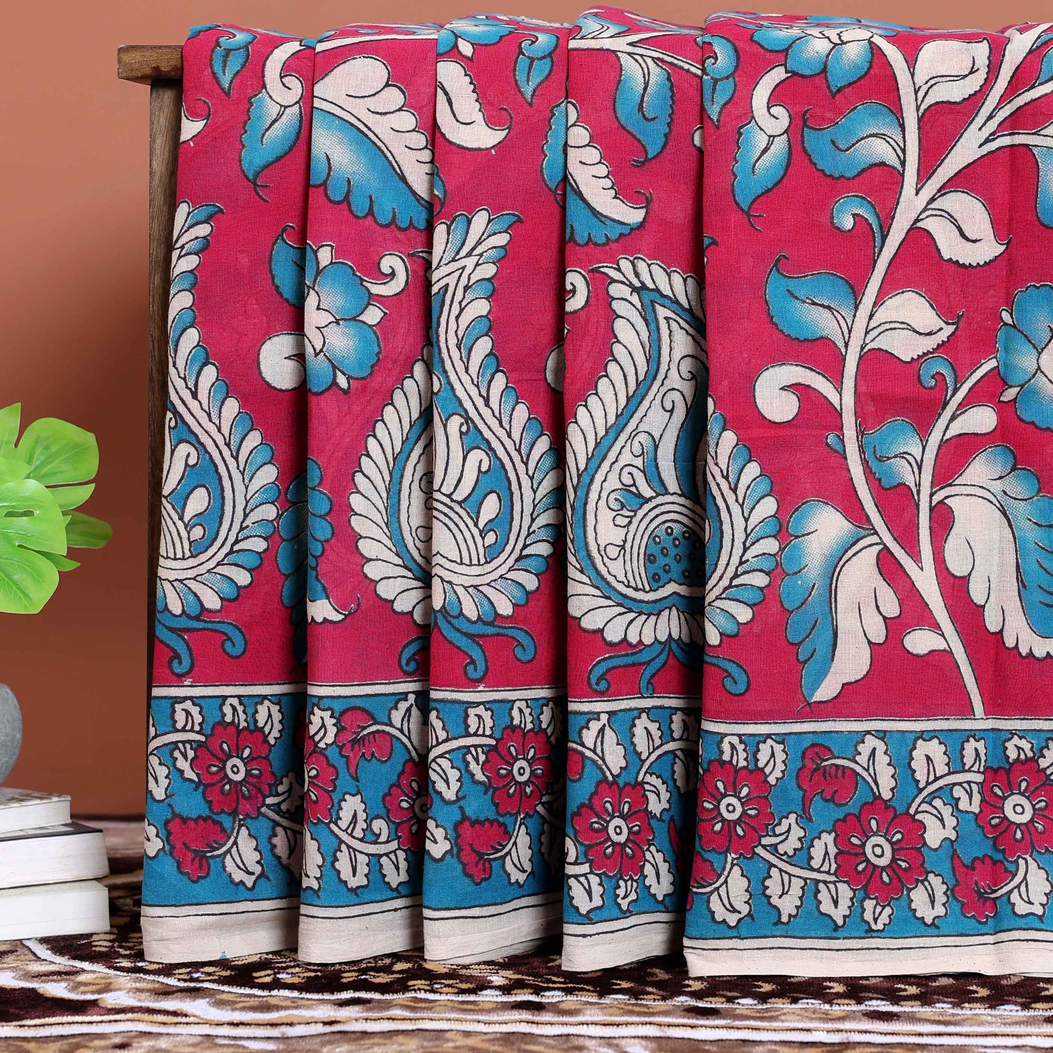 Hand-Painted Kalamkari Cotton Saree with Traditional Floral and Paisley Motifs - Red