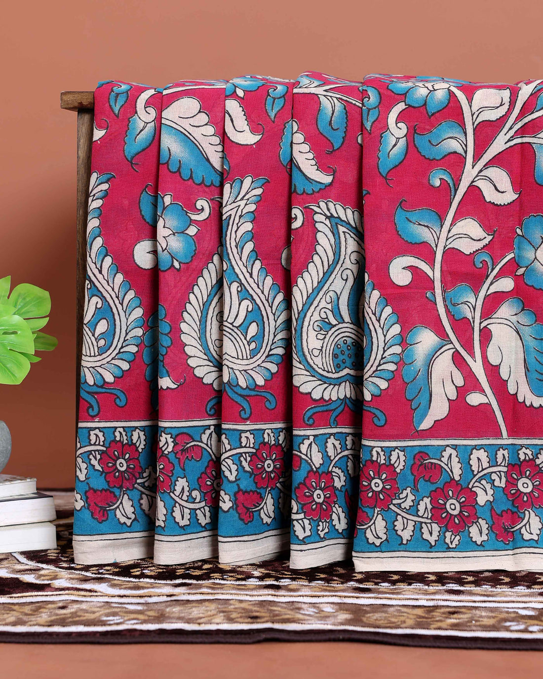 Hand-Painted Kalamkari Cotton Saree with Traditional Floral and Paisley Motifs - Red