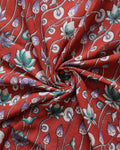 Hand-Painted Kalamkari Cotton Saree with Traditional Lotus Motifs  - Maroon-Close