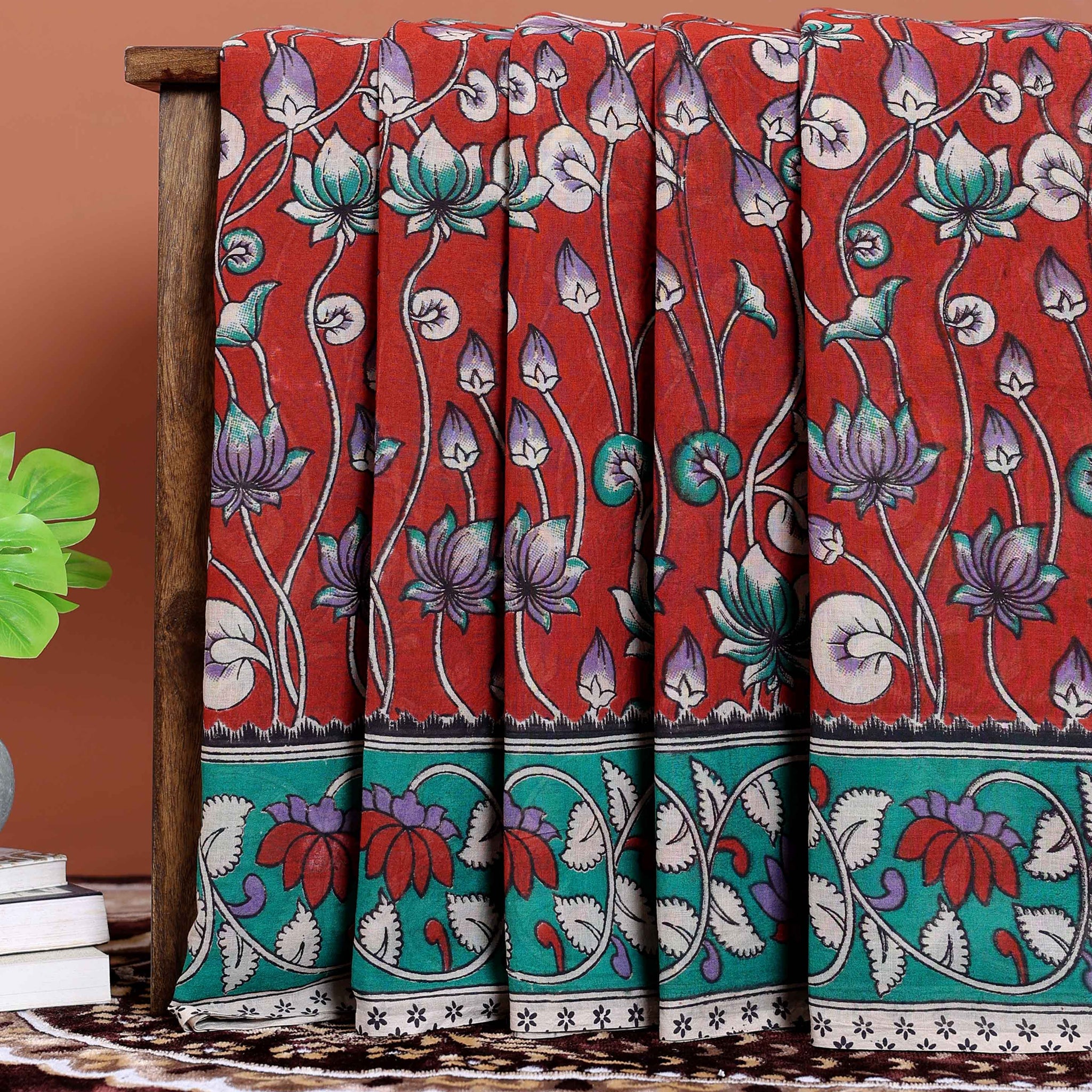 Hand-Painted Kalamkari Cotton Saree with Traditional Lotus Motifs  - Maroon