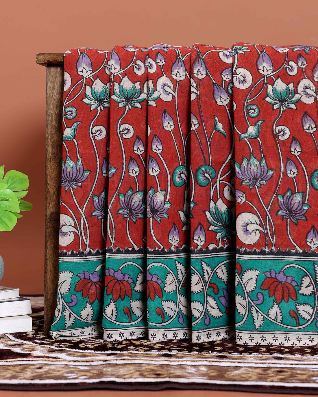 Hand-Painted Kalamkari Cotton Saree with Traditional Lotus Motifs  - Maroon